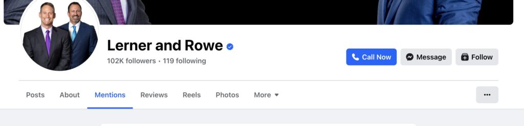 Screenshot of Facebook page for Lerner and Rowe, a well-known attorney duo in Chicago.